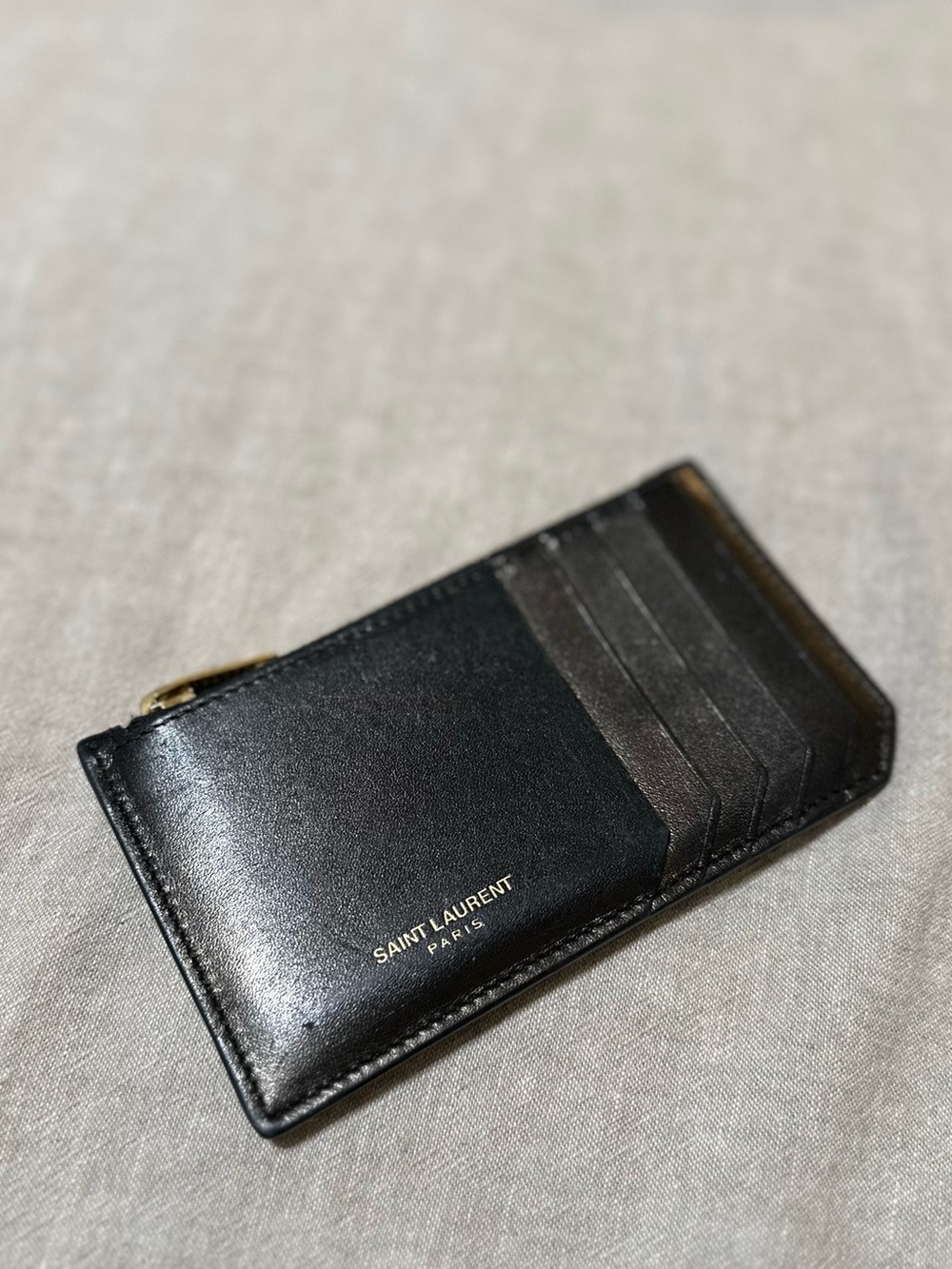 AUTHENTIC Saint Laurent Black Leather Zip Card Holder with Gold Zip Pull